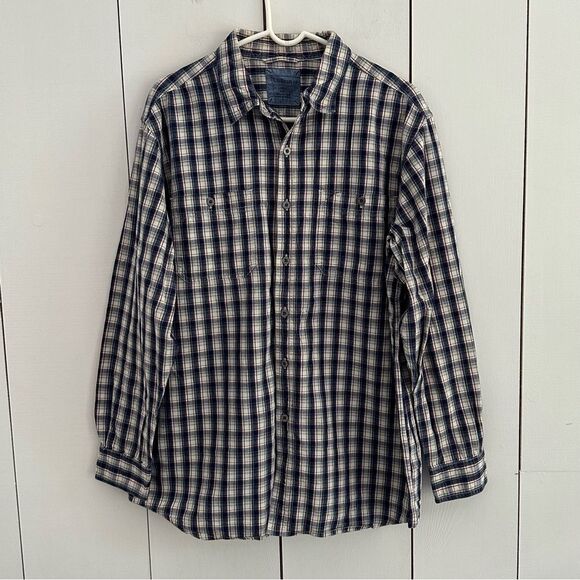 LL Bean Mens Cotton Plaid Button Up Shirt L Blue Red White Long Sleeve Fisherman - Picture 2 of 9